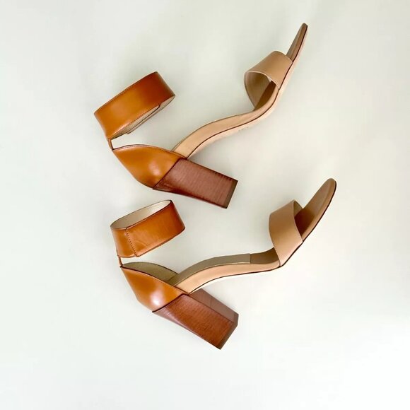 NEW CHLOE Tan Beige Two Tone Ankle Strap Block Heel Sandals Size 38 US(8) - Picture 3 of 9